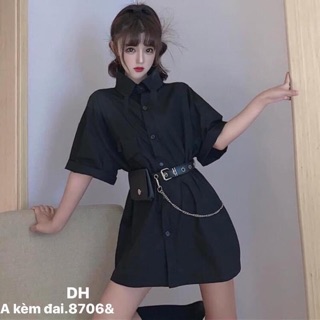 Áo sơmi đen dáng dài kèm đai bụng - DH