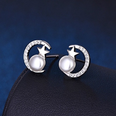 Bông Tai Bạc 925 Hình Trăng Sao Đính Ngọc Trai Lấp Lánh Phong Cách Hàn Quốc Thời Trang Cho Nữ-S1