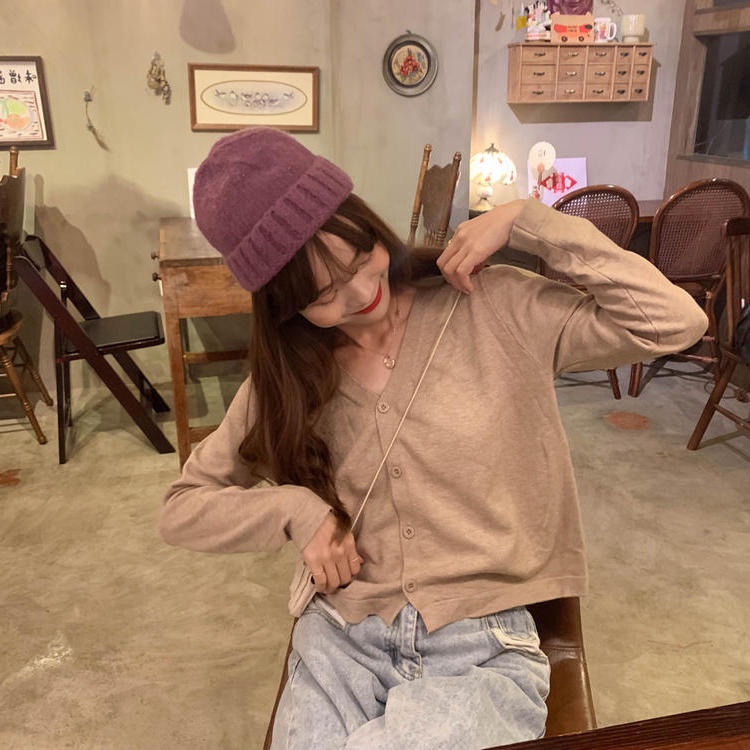 【ZHELIHANGFEI】Áo Cardigan Dệt Kim Tay Dài Cổ Chữ V Lưng Cao Quyến Rũ