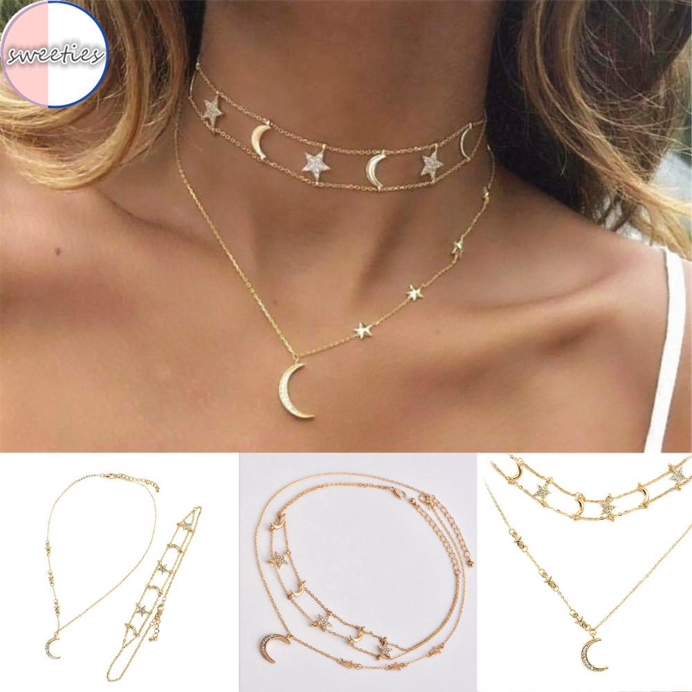 Dây chuyền nhiều lớp đính mặt trăng và ngôi sao phong cách boho