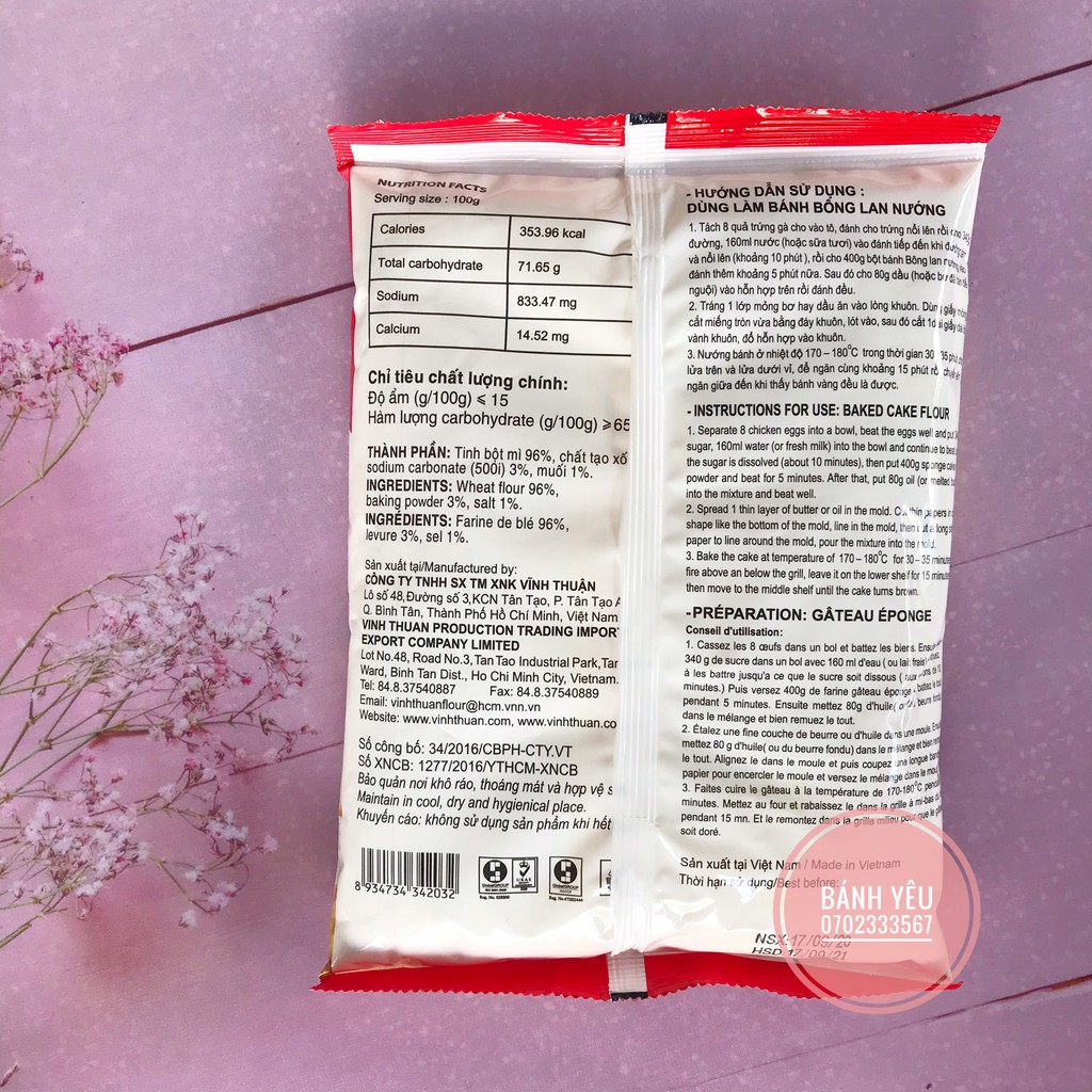 [Mã 77FMCGSALE1 giảm 10% đơn 250K] Bột Bánh Bông Lan NƯỚNG Vĩnh Thuận 400g - có sẵn bột nổi | BigBuy360 - bigbuy360.vn