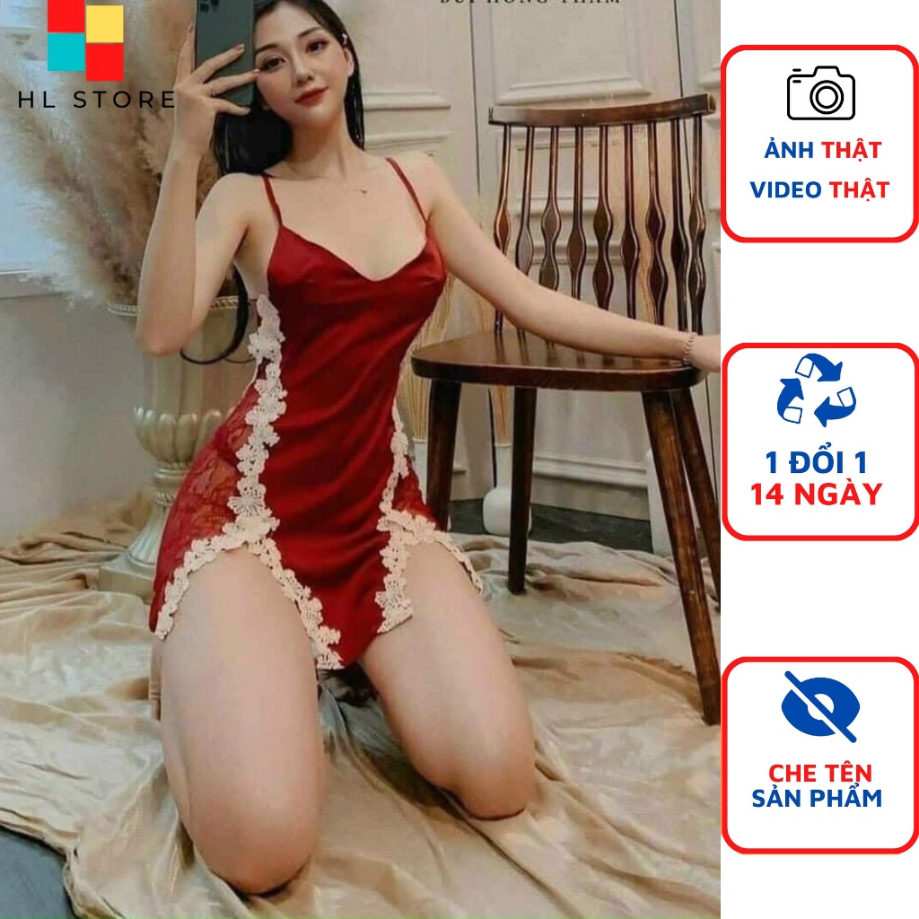 Váy ngủ sexy 2 dây xẻ đùi phối ren eo Hải Lan Store, vải lụa satin, kèm quần đùi, freesize 40-65kg tùy chiều cao