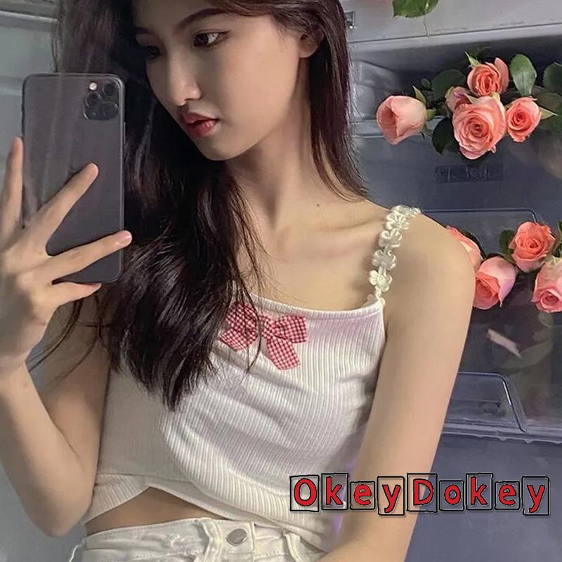 OKDK-Women Vest Plaid Bow Decoration Lace Camisole Knitted Bottoming Shirt Sleeveless Tops