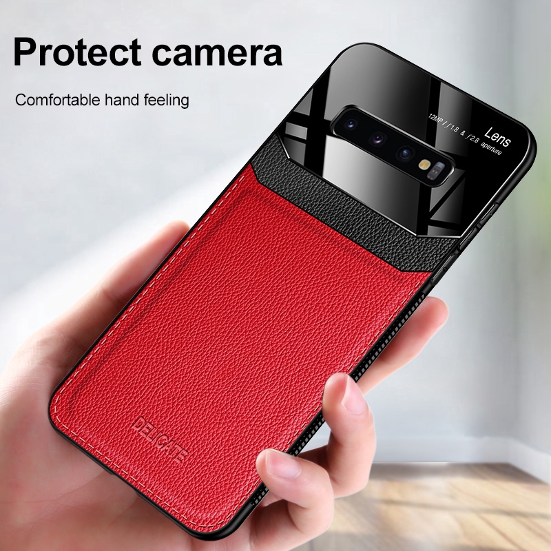 Ốp Điện Thoại Cứng Phối Da Và Kính Mica Kiểu Retro Sang Trọng Cho Samsung Galaxy S10 Plus S21 FE