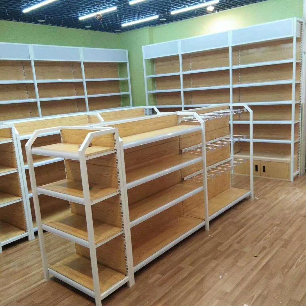 Giá kệ trưng bày siêu thị 4 trụ vân gỗ Cửa hàng tiện lợi bà mẹ và trẻ em văn phòng phẩm thuốc bách hóa đồ ăn n