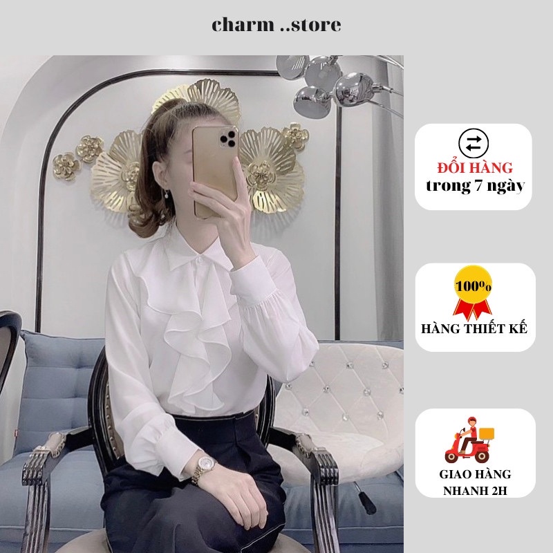 Áo sơ mi trắng kiểu hàn quốc cổ bèo dài tay Charm store - thời trang công sở vải lụa hàng châu mềm mịn mặc mát A19