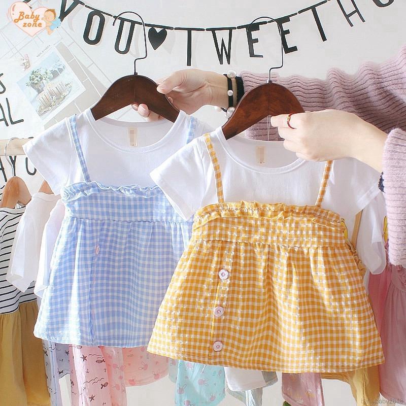 Đầm giả hai lớp tay ngắn kẻ ca rô cho bé