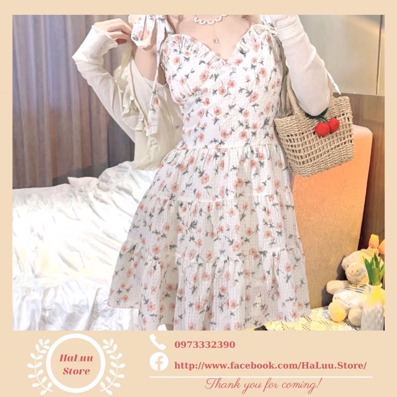 Set Đầm 2 Dây Hoa Nhí Dáng Xoè + Áo Khoác Ngoài Mỏng Viền Bèo