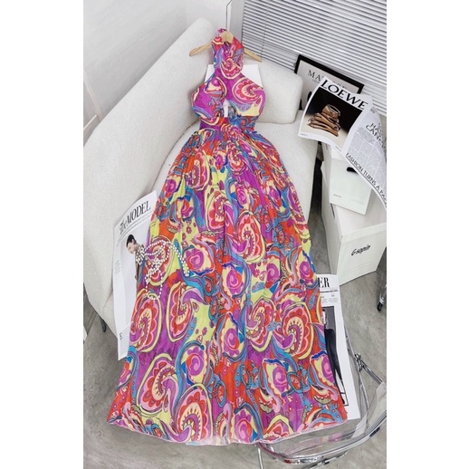 ĐẦM VÁY MAXI HOẠ TIẾT THỔ CẨM BOHO DÁNG DÀI XOÈ TAY PHỒNG CAM