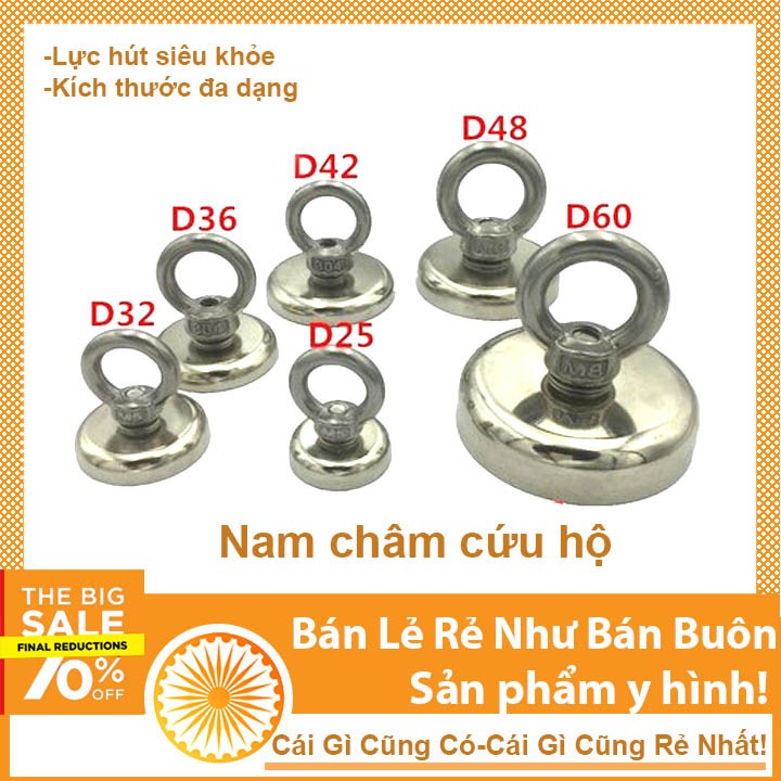 Nam châm cứu hộ D36mm nâng 20Kg, treo đồ, móc treo nam châm