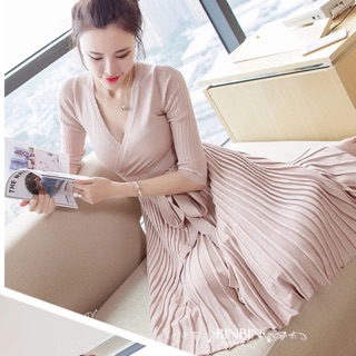 ORDER - Váy len mỏng cổ tim thắt nơ eo tôn dáng