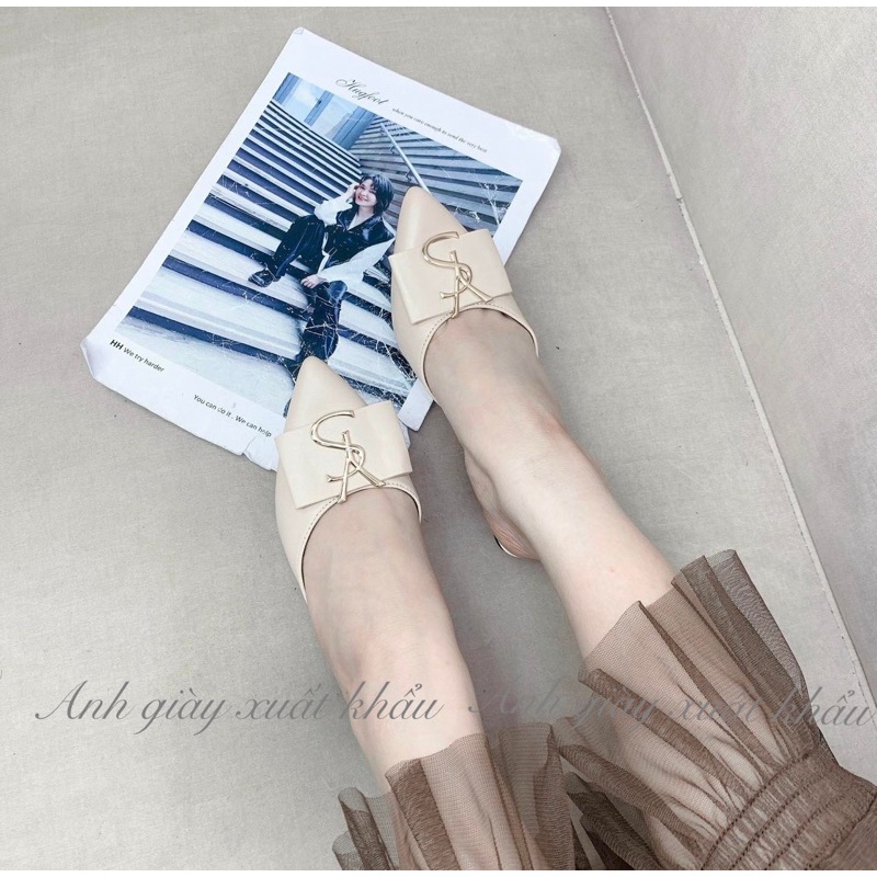 DL50 - Dép sục gót nhọn 5p da lộn mũi nhọn nơ ngang ,kiểu dáng trẻ trung , 2 màu đen kem, gót nhọn chắc chắn