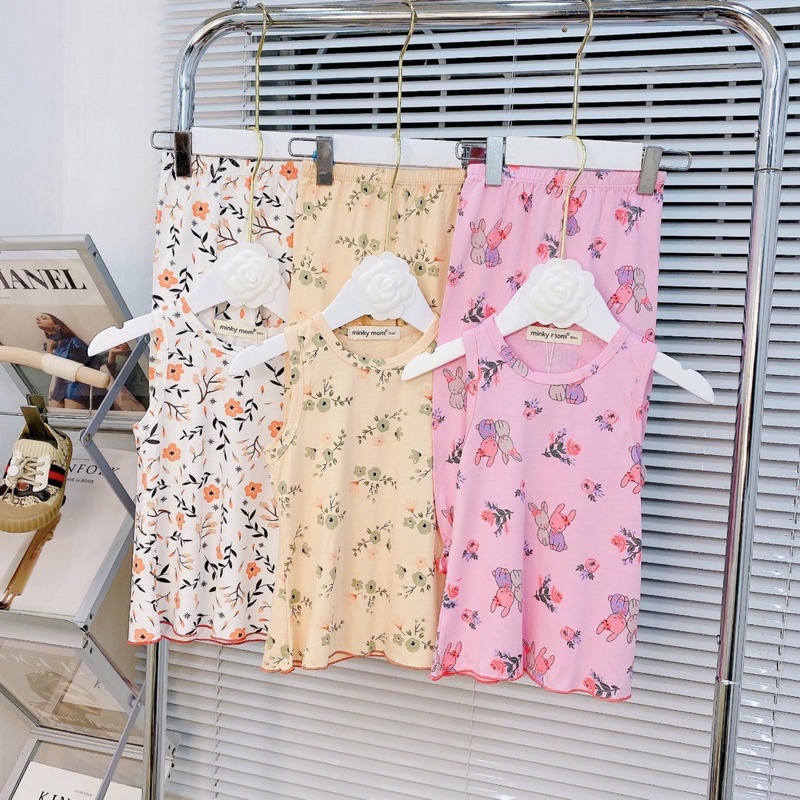 BL17 Bộ Ba Lỗ Quần Dài Bo Chun Thun Mát hoạ tiết Hoa cho bé Gái từ 8kg đến 18kg