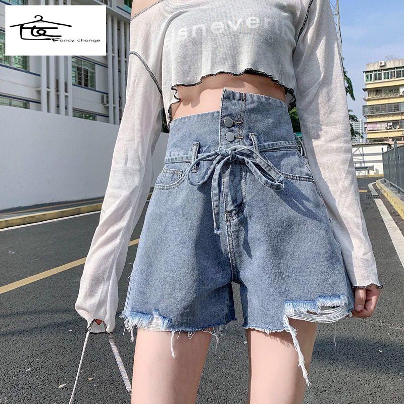 Quần Short Denim Lưng Cao Ống Rộng Phong Cách Nhật Bản Thời Trang Mùa Hè Hàng Mới
