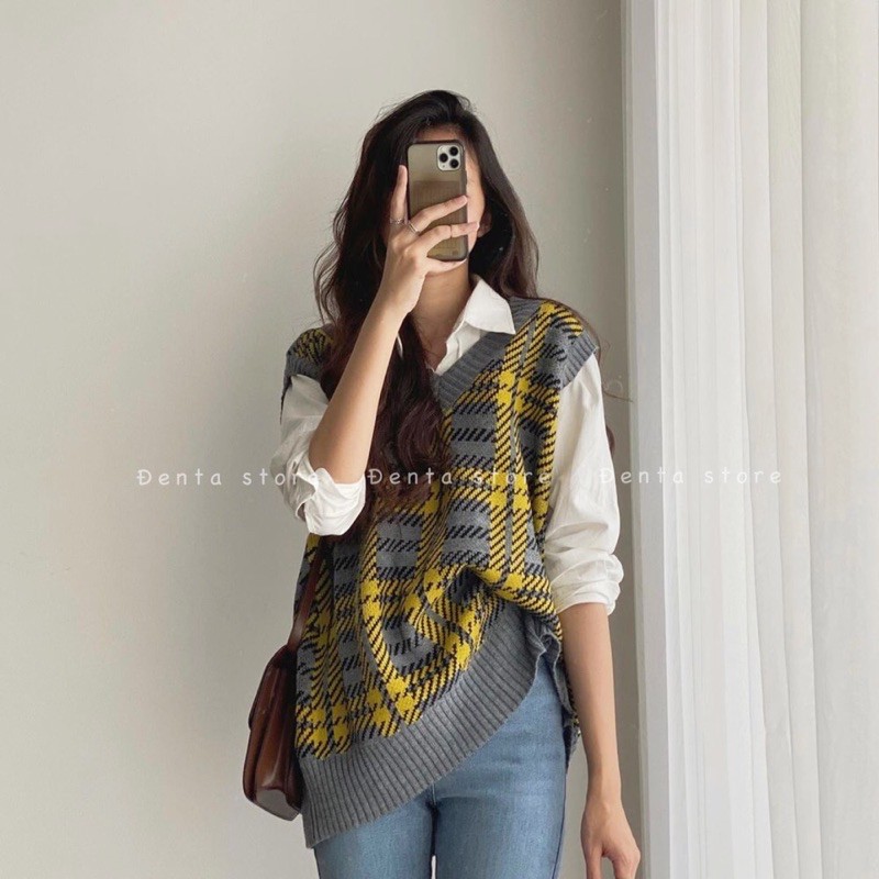 Áo gile len kẻ caro di chéo dáng rộng Oversize-110AG2- Đenta shop | BigBuy360 - bigbuy360.vn