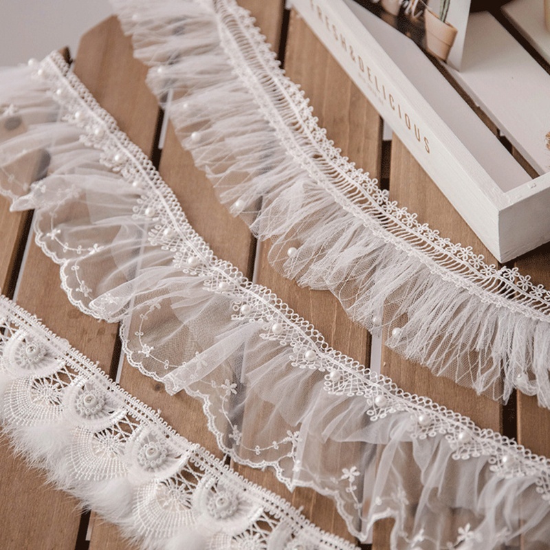 Dây ruy băng ren lưới đính ngọc trai giả xếp ly dài 1 yard dùng trang trí váy cưới DIY