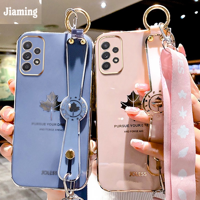 Ốp Điện Thoại Viền Thẳng Mạ Điện Họa Tiết Lá Phong Kèm Dây Đeo Và Vòng Tay Cho Samsung Galaxy A52 4G 5G