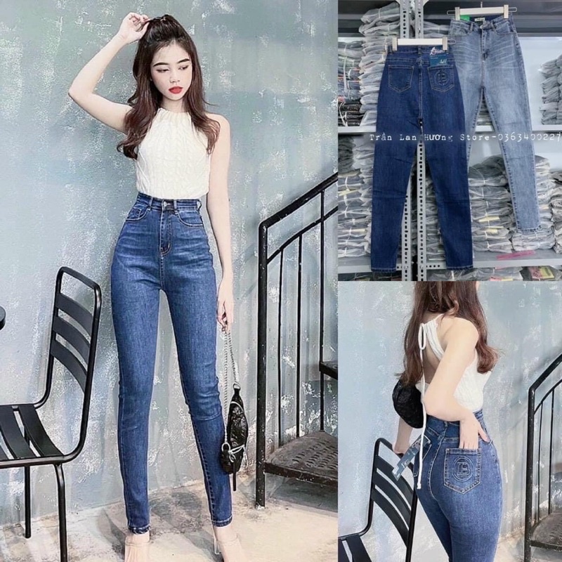 Quần Jeans Nữ Lưng Cao Ôm Body Túi Sau loang đen xanh