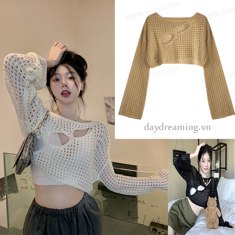 Áo Croptop Dệt Kim Phối Lưới Xuyên Thấu Phong Cách Hàn Quốc Quyến Rũ Dành Cho Nữ