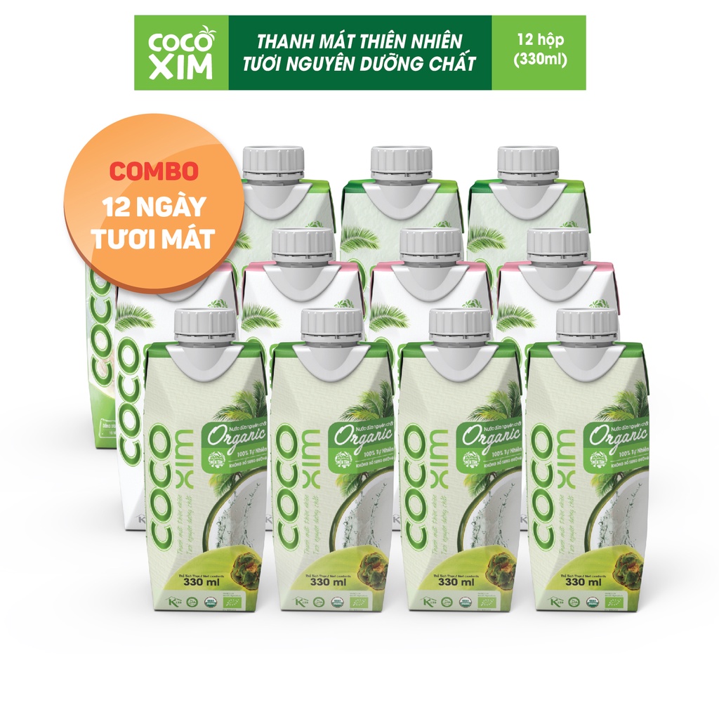 Nước Dừa COCOXIM Combo12 ngày tươi mát - 4 hộp Dừa Organic+4hộpDừa Xiêm Sen+4hộp Dừa Dứa Non 330ml/1Hộp