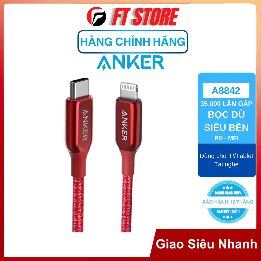 Cáp Anker PowerLine+ III USB-C to-A8842 0.9m/A8843 chuẩn MFi 1.8m cho Ip/tablet táo