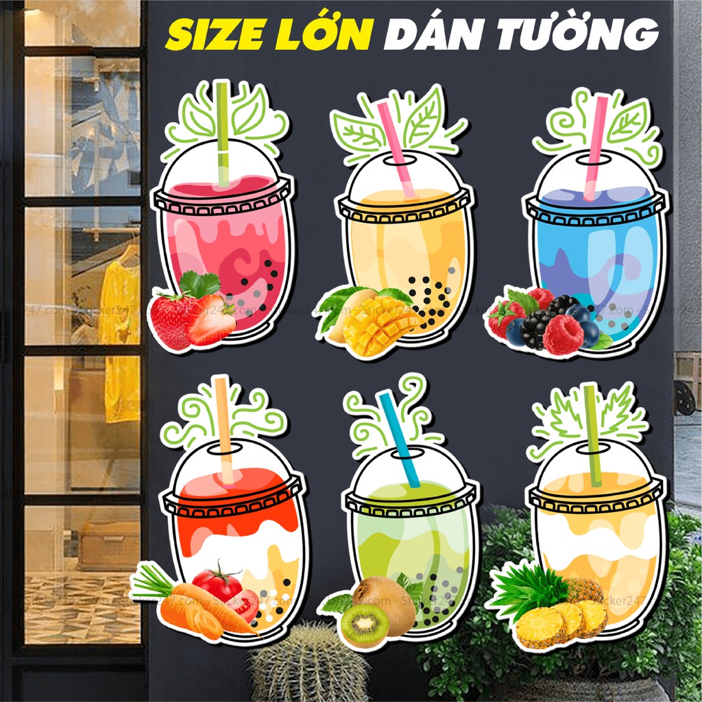 Sticker hình dán trà sữa trân châu, sinh tố, nước ép 𝑭𝒓𝒆𝒆𝒔𝒉𝒊𝒑 trang trí quán cà phê, trà sữa, quán ăn, dán tường, quầy