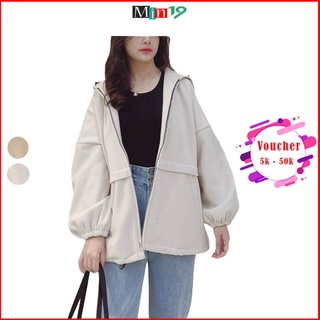 Áo khoác nữ Hàn Quốc MIN19 áo bomber 2 lớp form rộng kiểu hoodie đẹp có mũ cá tính chất dạ màu nâu be thời trang