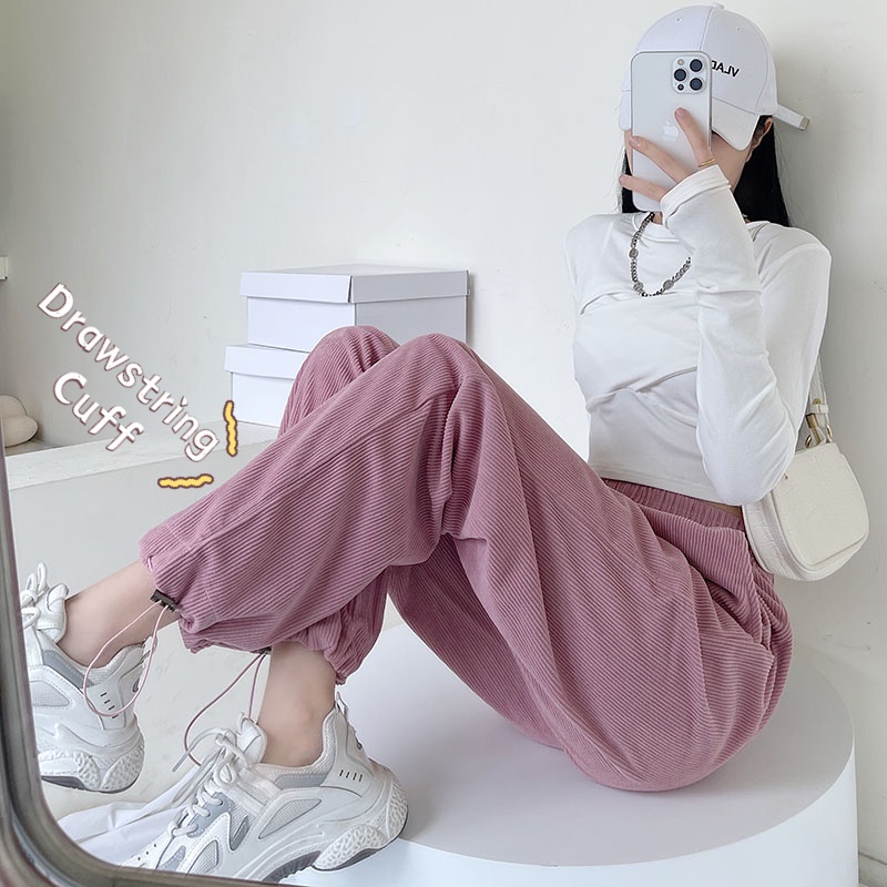 Quần jogger vải nhung màu hồng thiết kế lưng thun ống rộng phong cách thể thao thời trang mùa thu