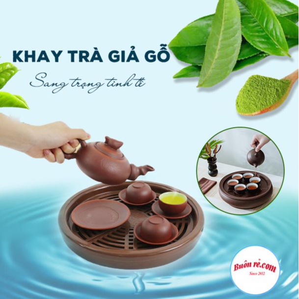 Khay trà tròn giả gỗ chất liệu nhựa Việt Nhật (MS: 5670) - Khay đựng ấm chén sang trọng dễ tháo rời, cọ rửa Br01532
