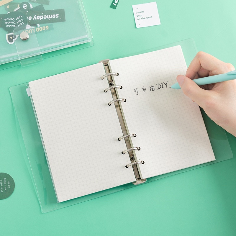 Set sổ bìa còng bullet journal binder A6 trang trí sẵn kèm giấy refill và phụ kiện
