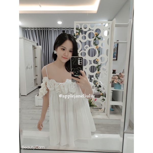 Sẵn JANE'S Đầm ngắn đi biển trễ vai xoè xếp li phối bèo sang trọng  J0145
