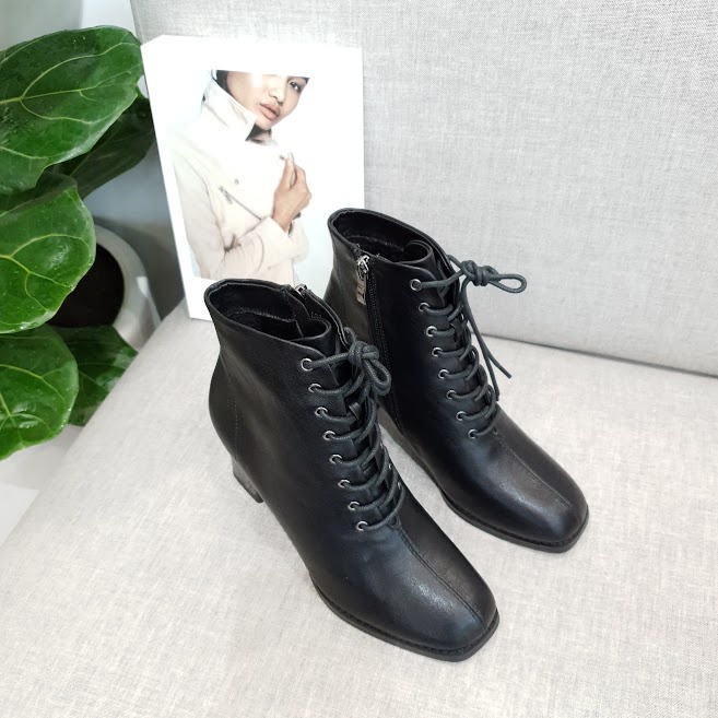 Giày boot nữ da mềm B SHOES, boot buộc dây siêu cá tính, boot mũi vuông cổ thấp, gót cao 7p B14