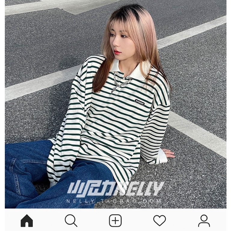 Áo sweater polo nelly dài tay sale (có sẵn) wussup xanh lá kẻ nhỏ