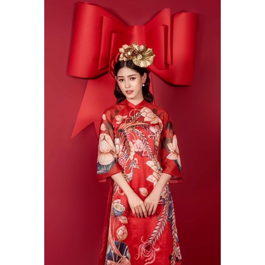Áo dài cách tân 4 tà tơ sen đỏ kết đính áo dài sen thiết kế tặng kèm gương mini cho đơn trên 250k