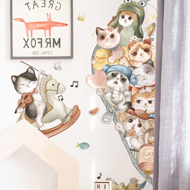Decal dán tường decor đàn mèo đáng yêu pc Bắc âu trang trí phòng, cửa hàng