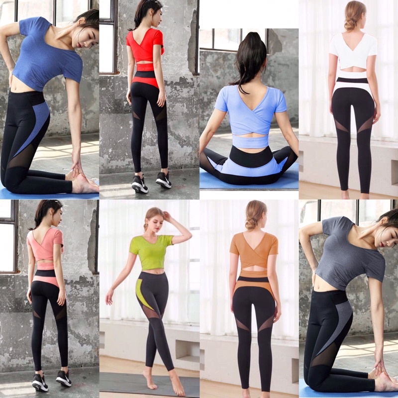 Bộ quần áo tập gym yoga nữ - Bộ croptop chéo lưng có sẵn mút