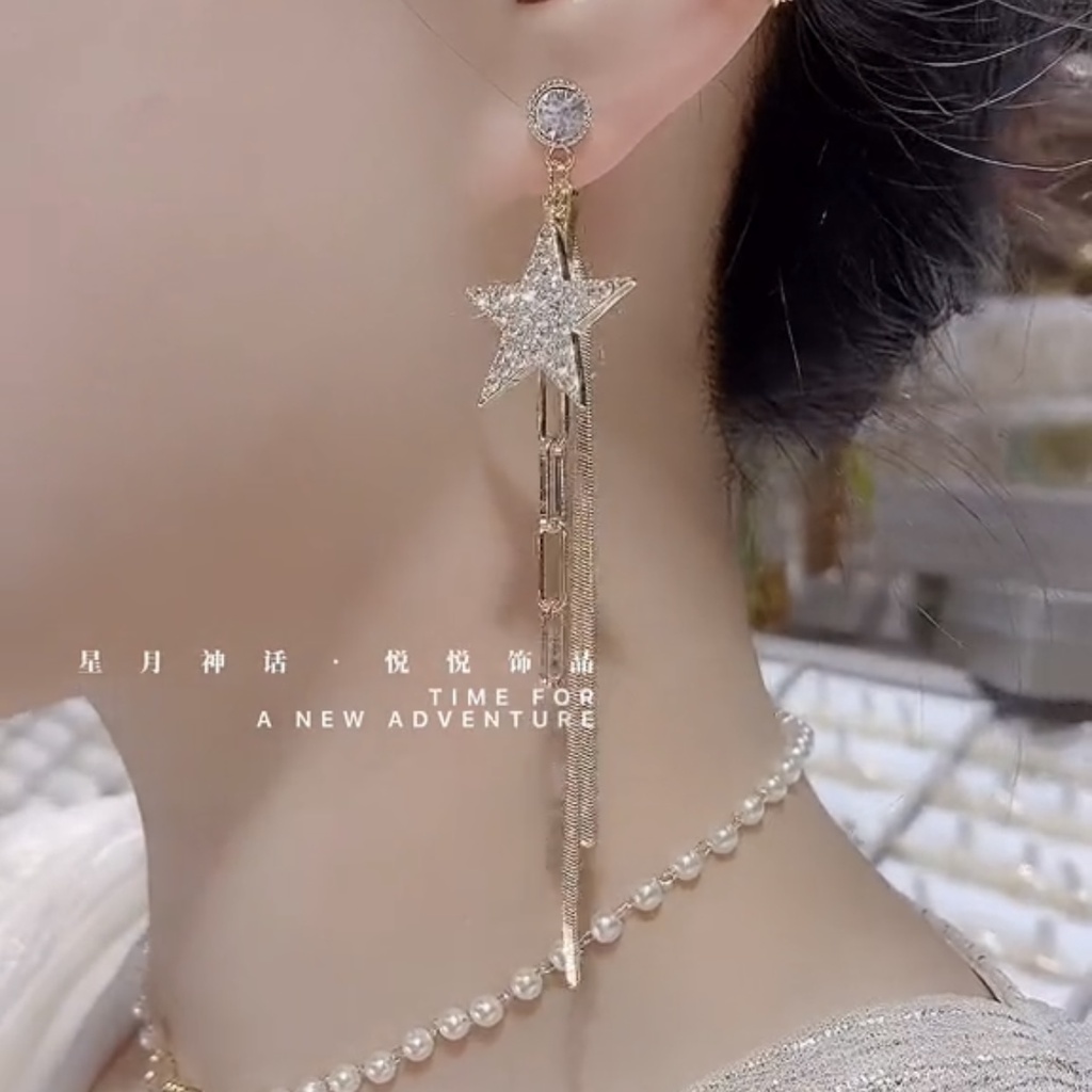 Bông Tai Mạ Bạc 925 Dáng Dài Hình Ngôi Sao Và Mặt Trăng Đính Đá Phối Tua Rua Phong Cách Hàn Quốc Chất Lượng Cao