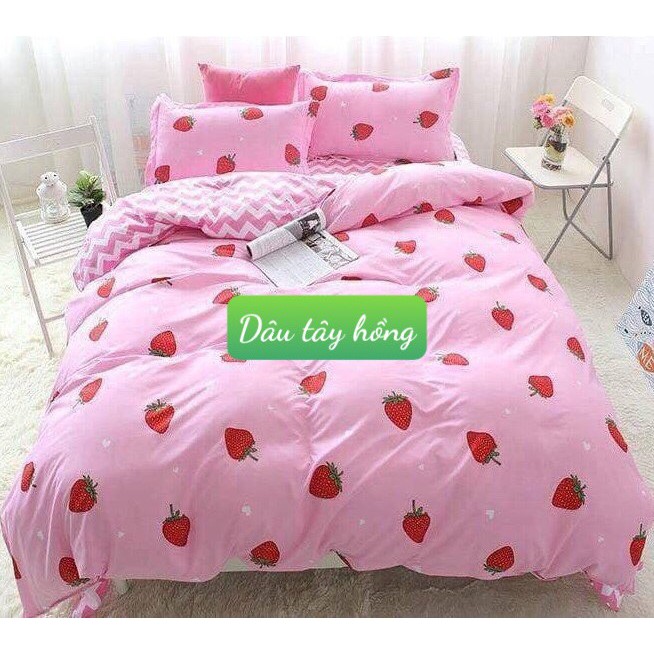 Bộ ga gối 3 món cotton poly 2mx2m2,được chọn mẫu,dâu tây hồng