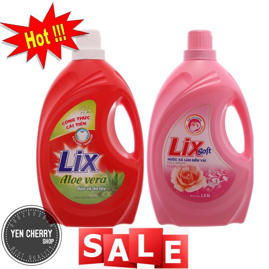 Combo Nước Giặt LIX Aloe Vera 4kg và Nước xả vải Lix Soft hương Hoa hồng 3,8 Lít