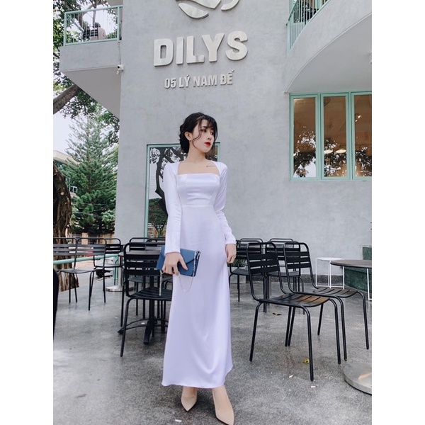 Đầm dáng dài chất lụa mặc dự tiệc cưới siêu sang, Váy cổ vuông maxi