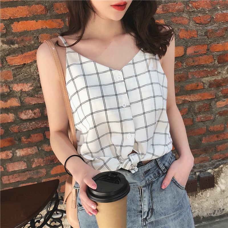 Áo hai dây nữ phối khuy thật, áo 2 dây kẻ caro ulzzang Hàn Quốc - Roxie