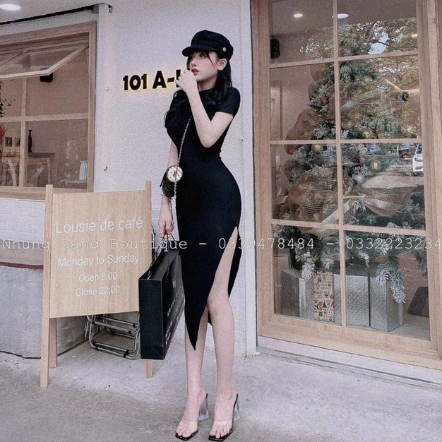 Đầm tay ngắn cổ tròn ôm body xẻ nhọn tà cực hot , chất thun gân mềm mịn