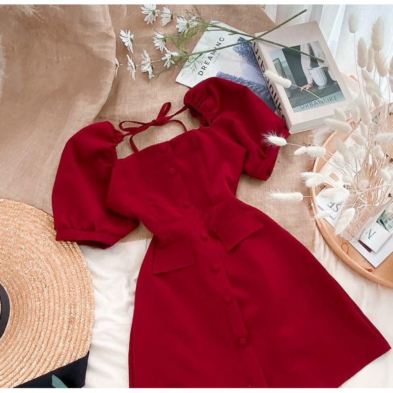 đầm basic 2 màu nút giả nơ cổ