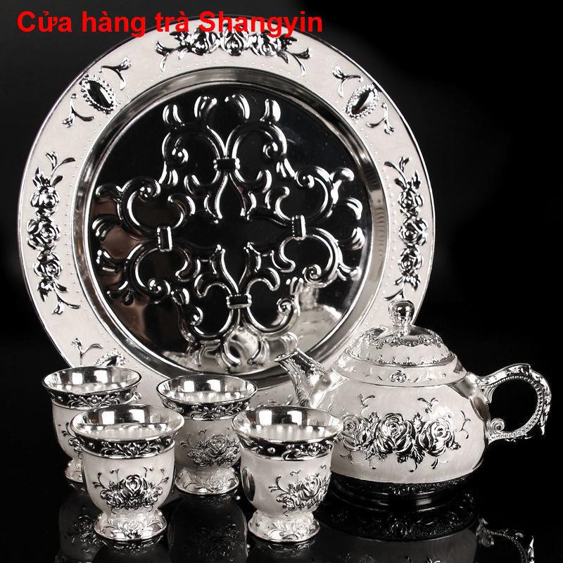 Bộ tràBộ ấm trà bạc trắng Baifu 999 kiểu Trung Quốc 1 khay 4 chén phong cách Châu Âu trà, pha tặng quà111