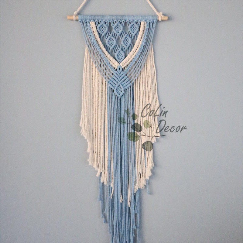 Mành treo tường macrame phối màu trắng xanh, trang trí, decor phòng