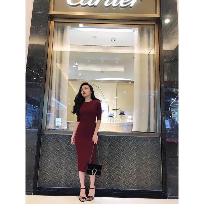 Váy body tay lỡ chất thun tăm co dãn tốt dáng dài qua gối