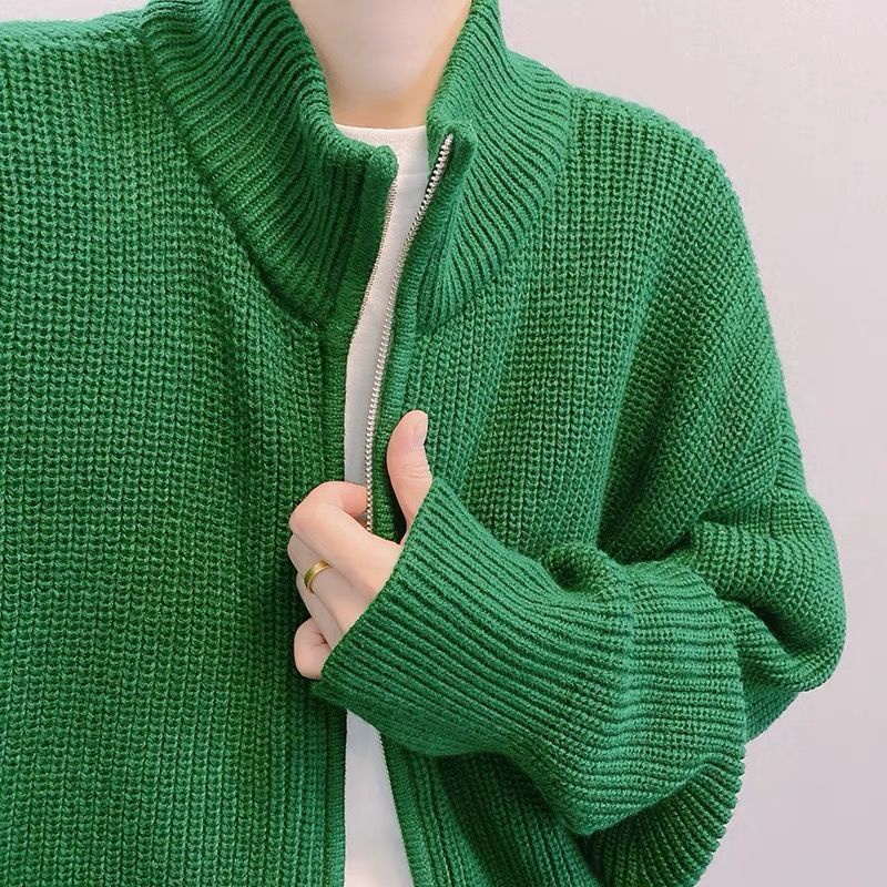 Áo cổ lọ dệt kim/ Áo khoác cardigan form rộng cổ đứng có khóa kéo thời trang đường phố cao cấp dành cho nam