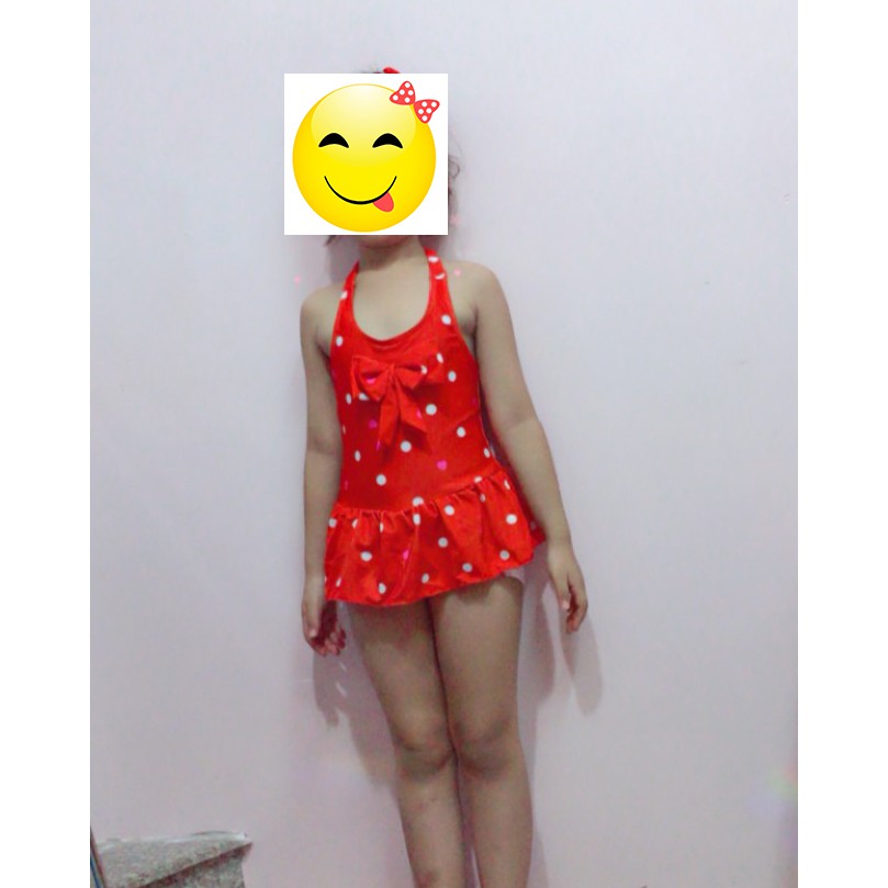 Váy bơi liền thân bé gái chấm bi+ kèm băng đô nơ