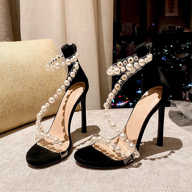 Giày Cao Gót Hở Ngón Quai Trong Suốt Đính Ngọc Trai Thời Trang Mùa Hè 2022 Cho Nữ