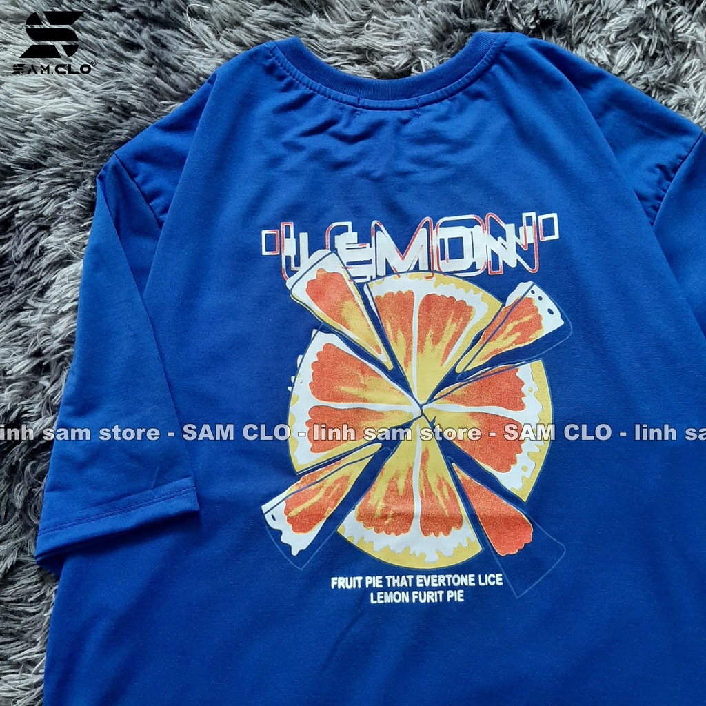 Áo phông tay lỡ nữ freesize thun form rộng Unisex, mặc cặp, nhóm, lớp in hình LÁT CHANH chữ LEMON màu xanh